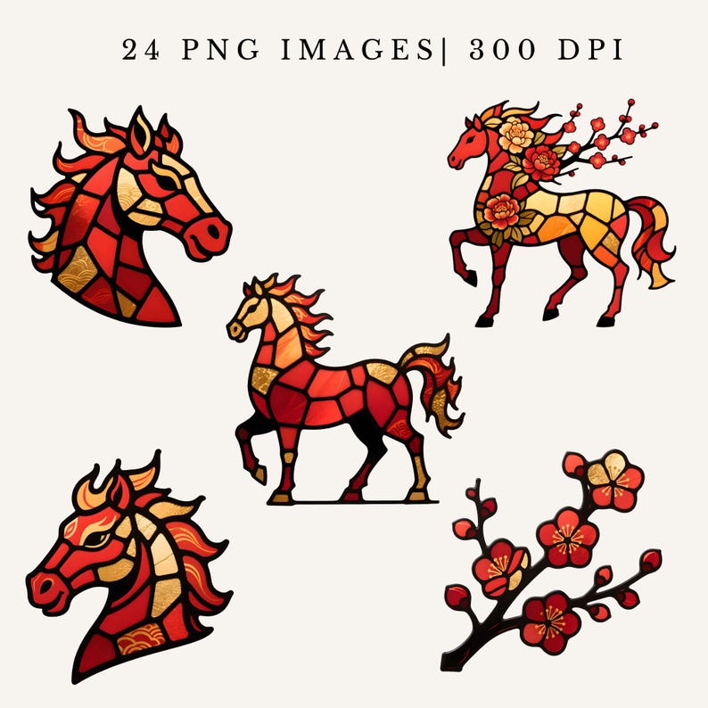 Chinese New Year Horse Clipart Stained Glass Lunar Zodiac 2026 PNG ...