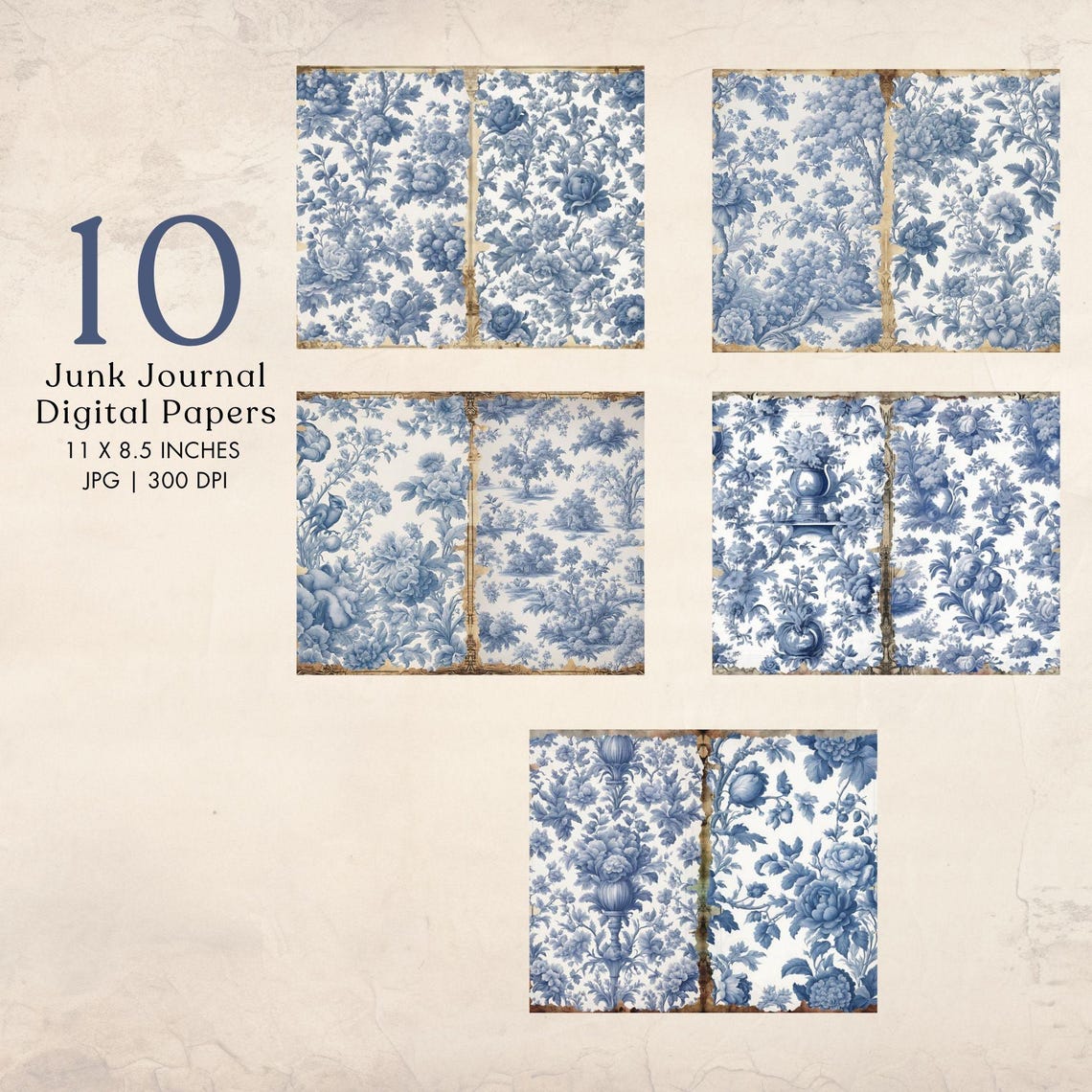 French Blue Floral Toile De Jouy Digital Paper Blue Toile Junk Journal ...