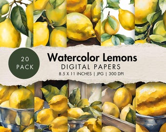 digital paper pack watercolor lemons painting scrapbook paper citrus pattern background fruit junk journal summer collage sheets wall art