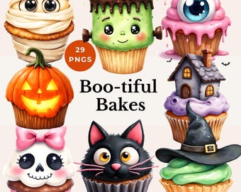 Cupcake cliparts halloween effrayant PNG desserts effrayants conceptions festives art amusant halloween cuisson images des bonbons ou un sortilège PNG numérique