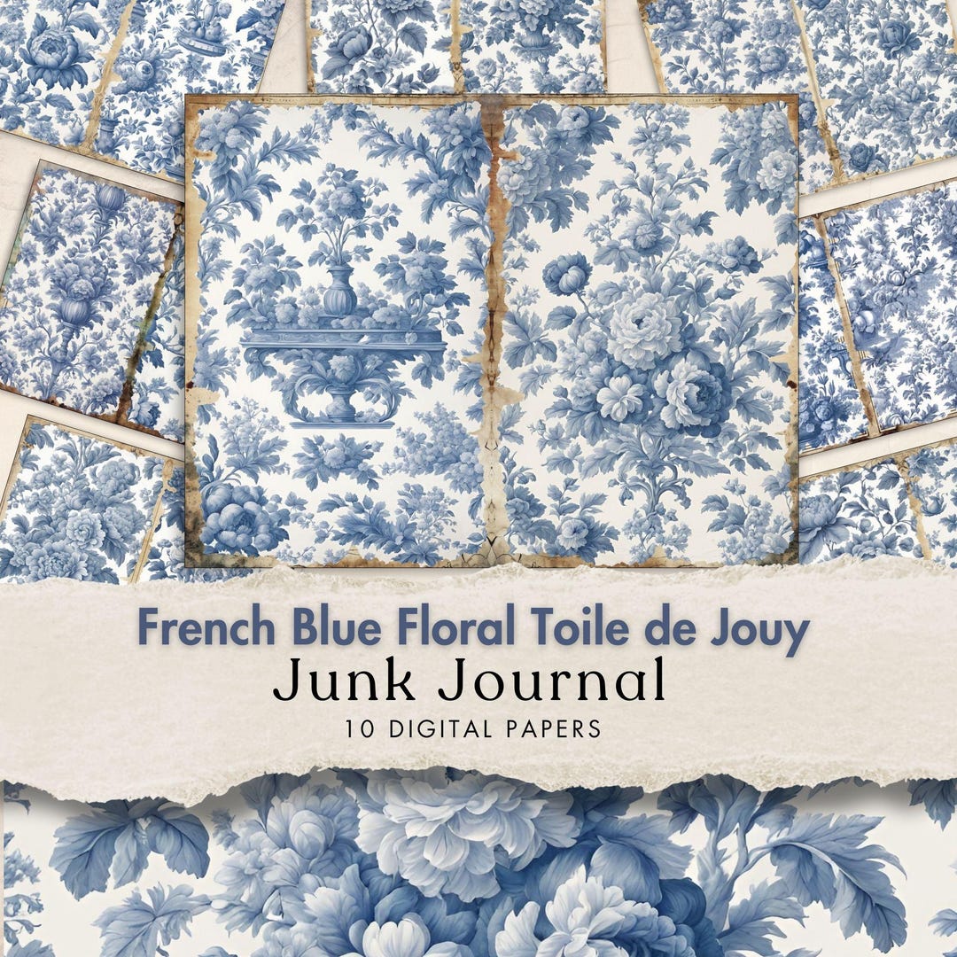 French Blue Floral Toile De Jouy Digital Paper Blue Toile Junk Journal ...