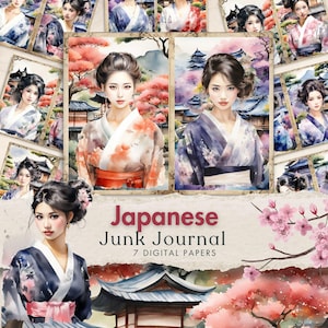 japanese junk journal kit zen garden watercolor digital paper pink cherry blossoms scrapbook pages asian kimono ephemera traditional women