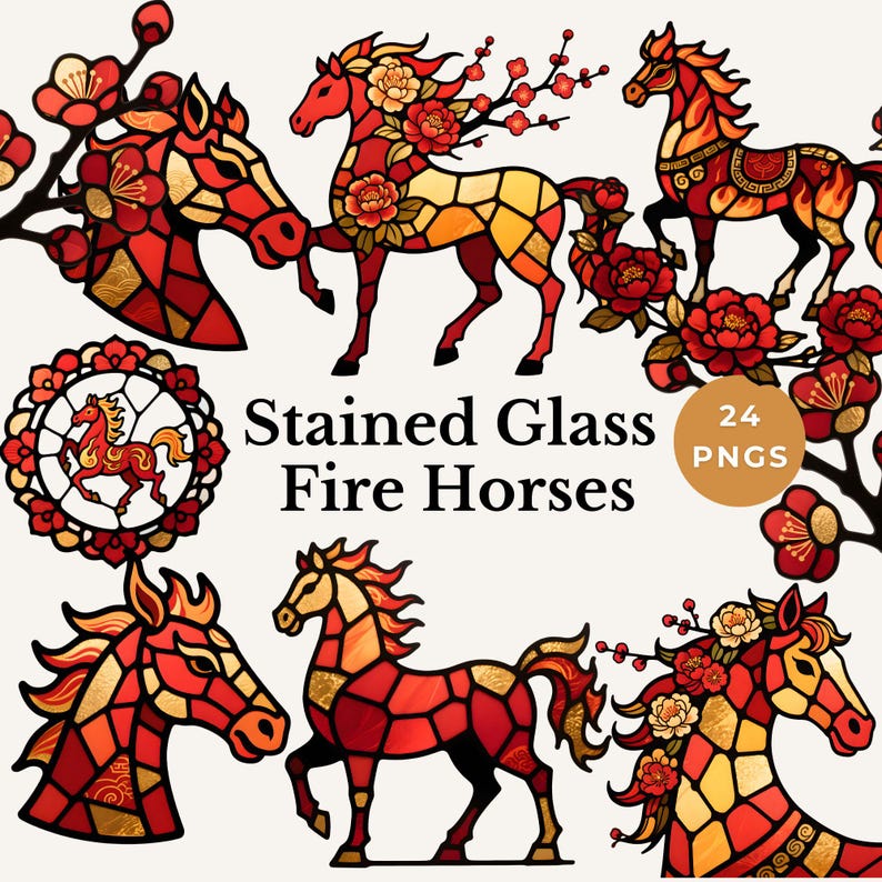 Chinese New Year Horse Clipart Stained Glass Lunar Zodiac 2026 PNG ...