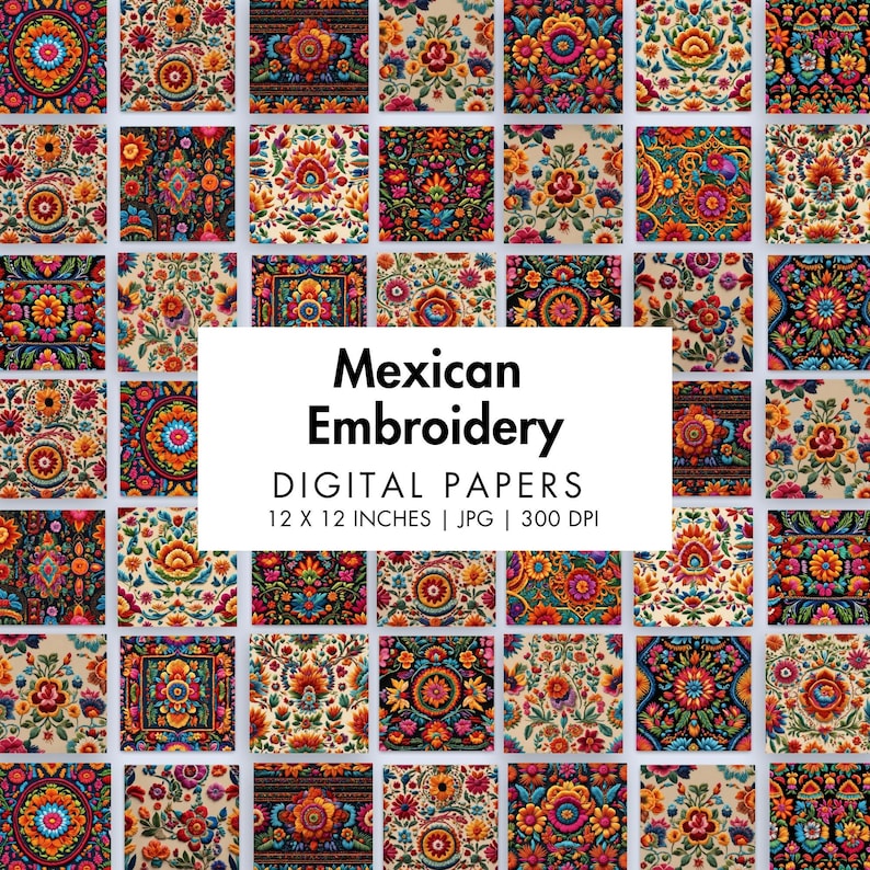 Mexican Embroidery Digital Paper Flowers Pattern Folk Art Background ...