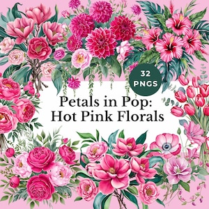 hot pink flowers clipart Fuchsia floral PNG watercolor wedding bouquet design vibrant pink blossoms graphic bright feminine sublimation art