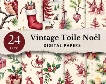 christmas toile digital paper red green toile junk journal kit Toile De Jouy Chinoiserie pattern background vintage holiday printable paper