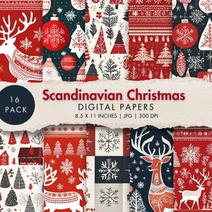 scandinavo natale carte digitali nordico festa scrapbook artigianato hygge inverno diario spazzatura modello rosso bianco blu sfondo stampabile