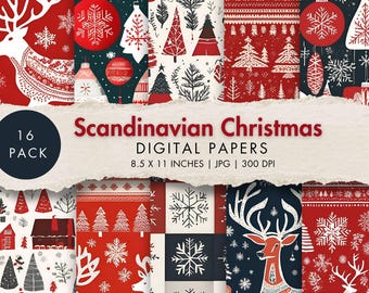 Papeles digitales navideños escandinavos, manualidades nórdicas para álbumes de recortes, patrones hygge invernales, diario basura, fondo rojo, blanco y azul imprimible