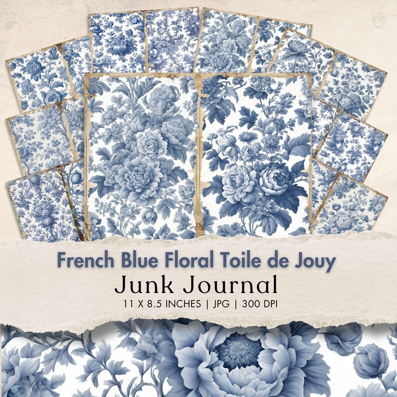 French Blue Floral Toile De Jouy Digital Paper Blue Toile Junk Journal ...