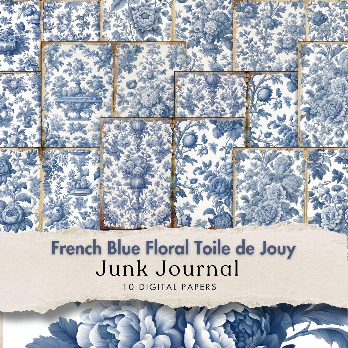 French Blue Floral Toile De Jouy Digital Paper Blue Toile Junk Journal ...