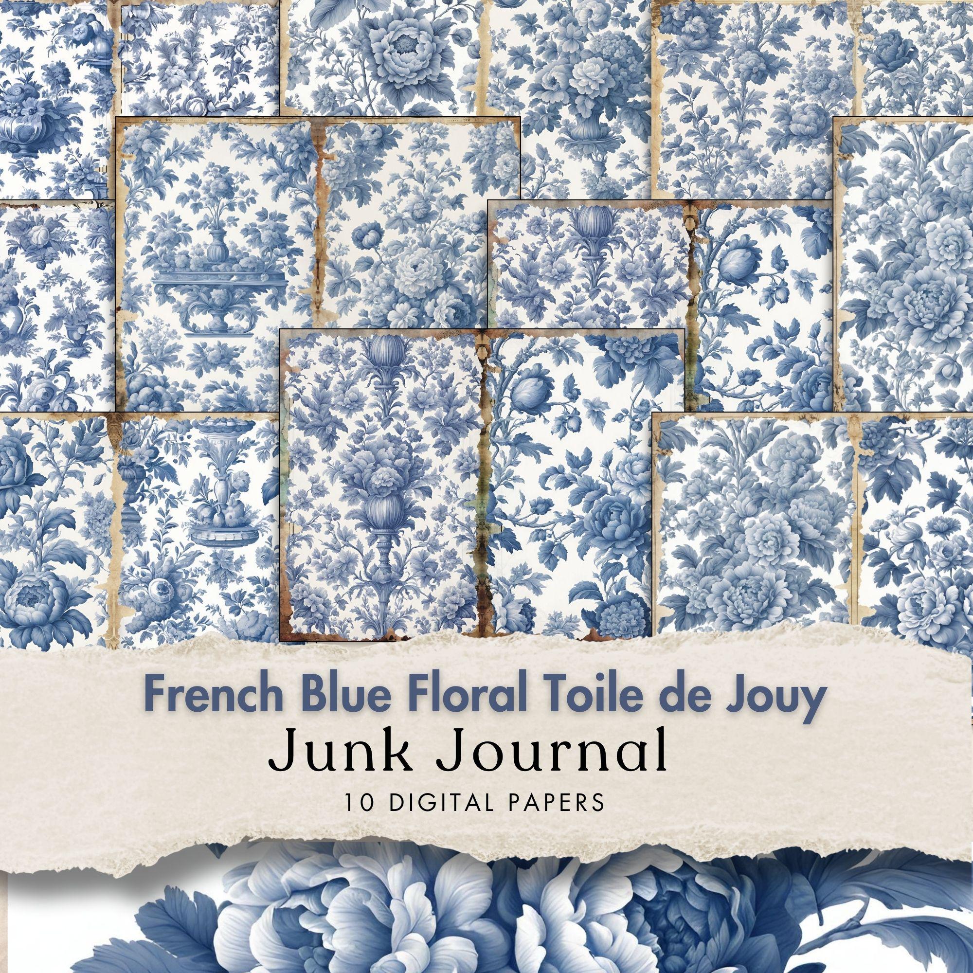 French Blue Floral Toile De Jouy Digital Paper Blue Toile Junk Journal ...