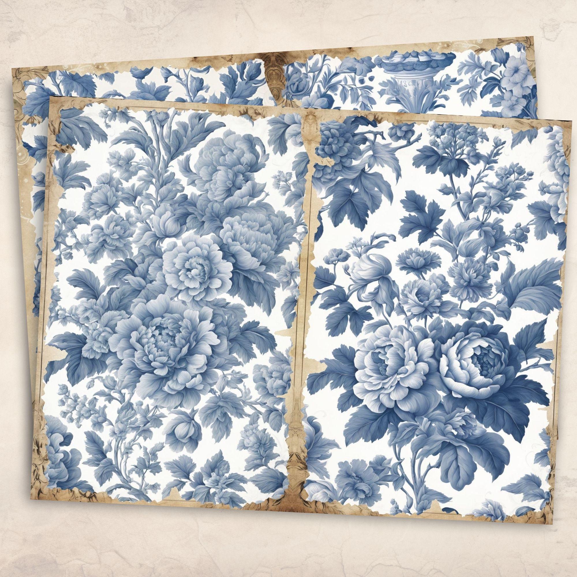 French Blue Floral Toile De Jouy Digital Paper Blue Toile Junk Journal ...