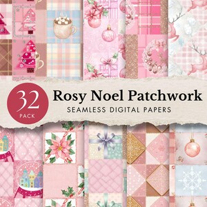 Könnte beinhalten: Eine Sammlung von 32 nahtlosen digitalen Papieren mit Patchwork-Design. Die Papiere zeigen eine Vielzahl von rosa, weißen und hellblauen Mustern mit weihnachtlichen Illustrationen, darunter Bäume, Ornamente und Rentiere. Der Text lautet "Rosy Noel Patchwork".