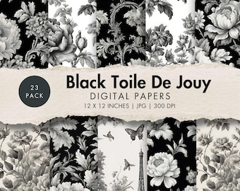 black toile de jouy digital paper french Chinoiserie pattern shabby chic background vintage flower junk journal printable scrapbook vintage