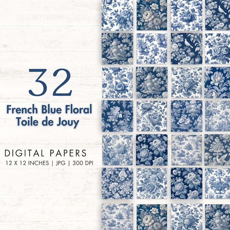 French Blue Floral Toile De Jouy Digital Paper Blue Toile Junk Journal ...