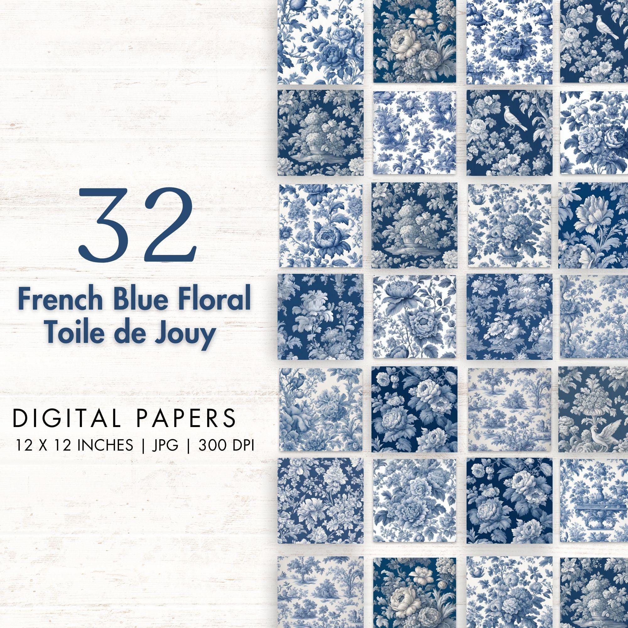 French Blue Floral Toile De Jouy Digital Paper Blue Toile Junk Journal ...