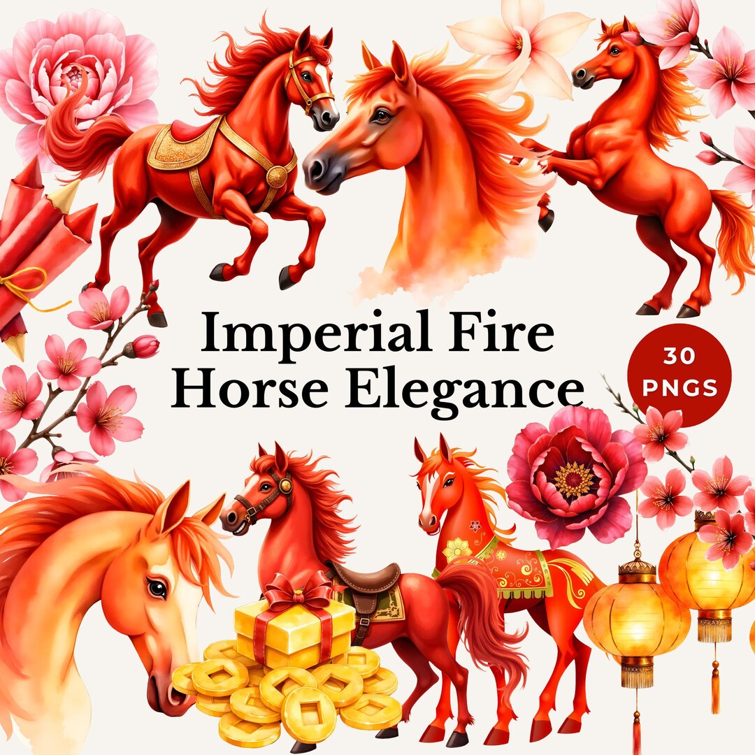 Chinese New Year Horse Clipart Lunar Zodiac 2026 PNG Watercolor Fire ...