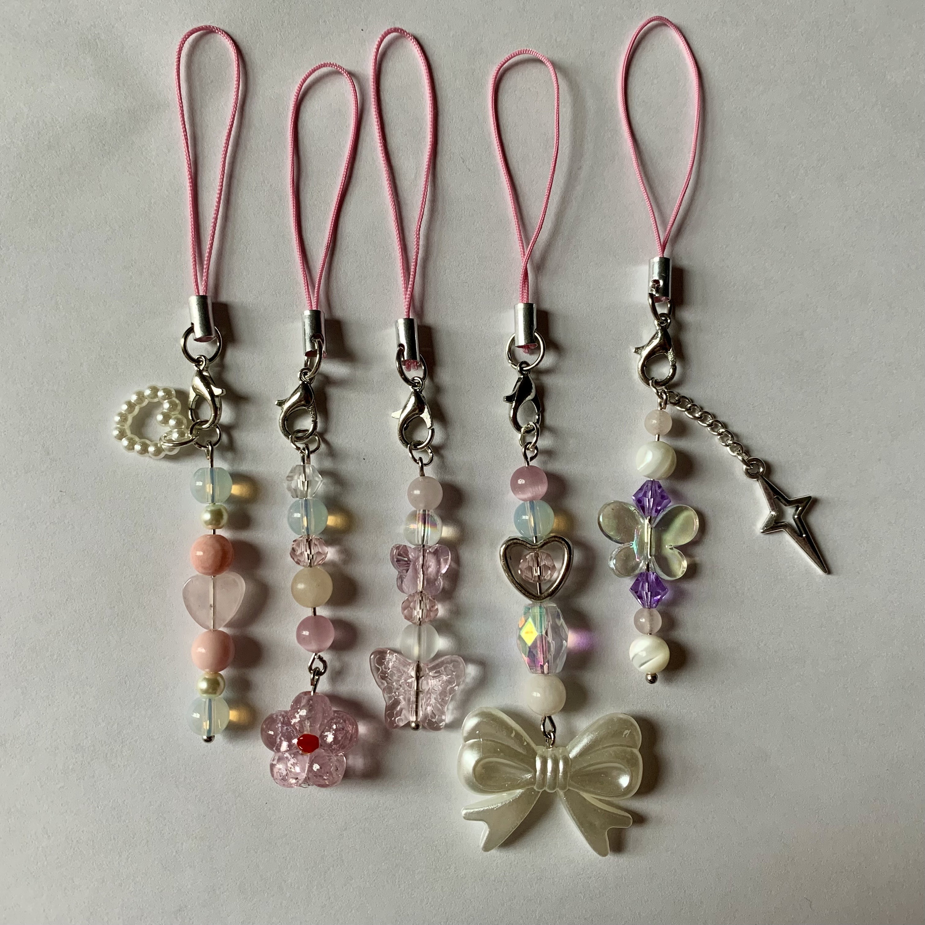 Pink Phone Charm Cute Beaded Keychain, Pink Phone Straps