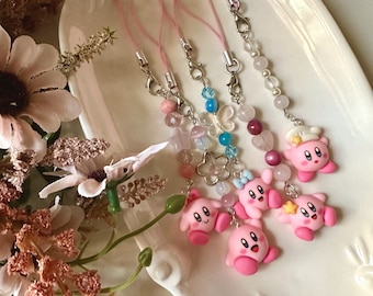 Kirby Phone Charm Cute Beaded Keychain, Pink Phone Straps, Y2k Flower Heart Keychain Gift For Her