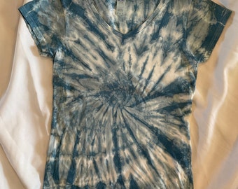 Tie Dye Ladies’ Small V-neck T-shirt, Indigo Tie Dyed, 100% Cotton