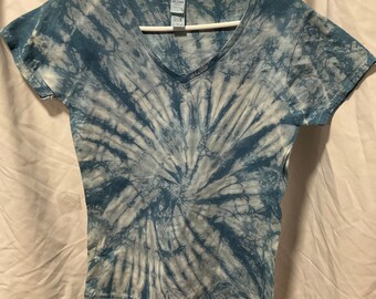 Tie Dyed Ladies’ Large V-neck T-shirt, Indigo Tie Dyed, 100% Ring-Spun Cotton