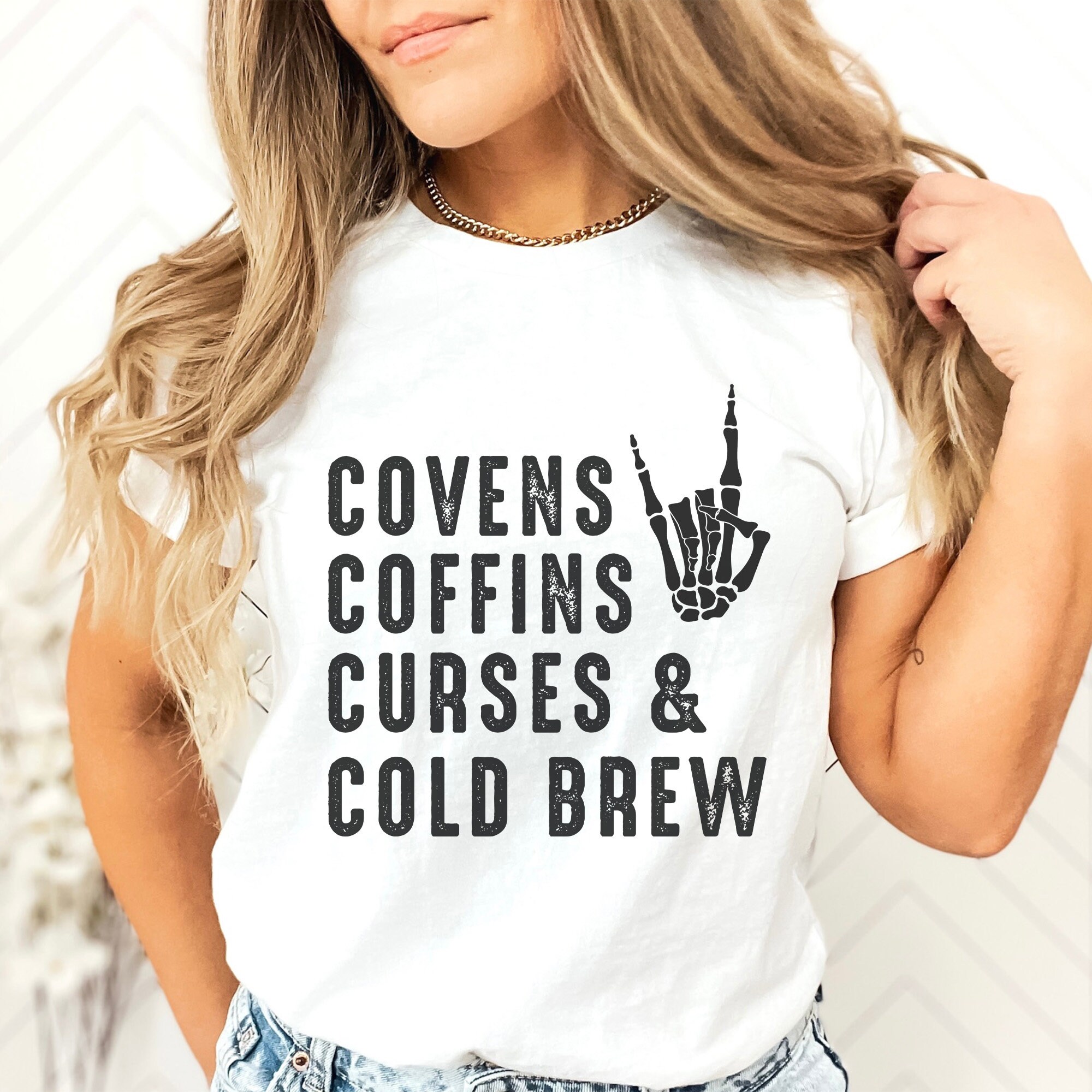 Discover Retro Halloween Shirt Spooky Season,Vintage Halloween Tee Retro Fall Shirt Witch Shirt Covens Coffins Coffee Cold Brew Shirt Skeleton Hands