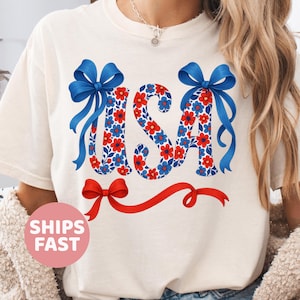 Comfort Colors® Coquette USA Shirt, 4th of July Shirt Women, Stars Stripes USA Flag Shirts, Floral Patriotic Shirt, Red White Blue