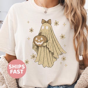 Halloween Lace Ghost Tee: Spooky Coquette T-Shirt, Girly Ghost Orange Bow T Shirt, Lacey Ghost Tee, Comfort Colors Spooky Season Top Outfit