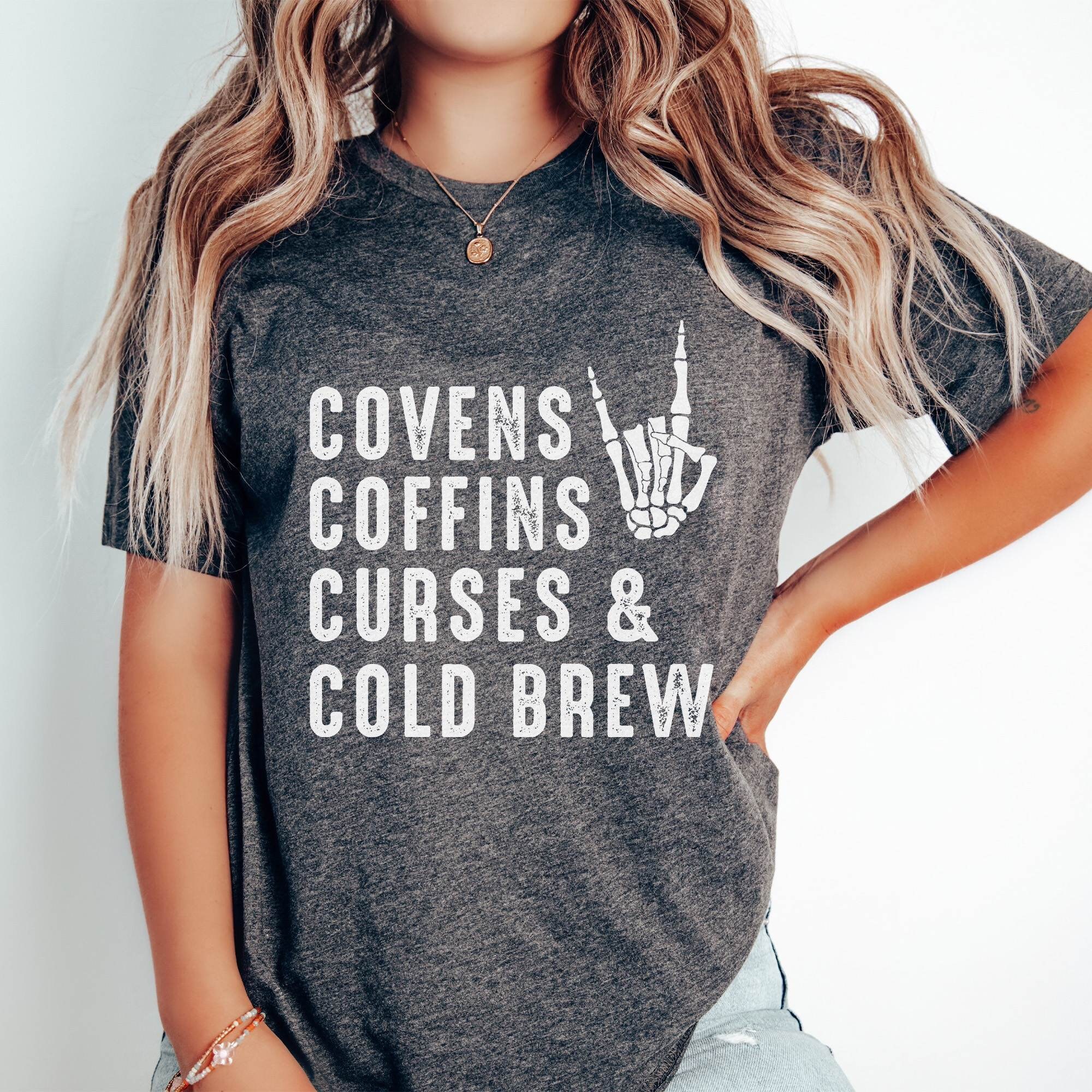 Discover Retro Halloween Shirt Spooky Season,Vintage Halloween Tee Retro Fall Shirt Witch Shirt Covens Coffins Coffee Cold Brew Shirt Skeleton Hands