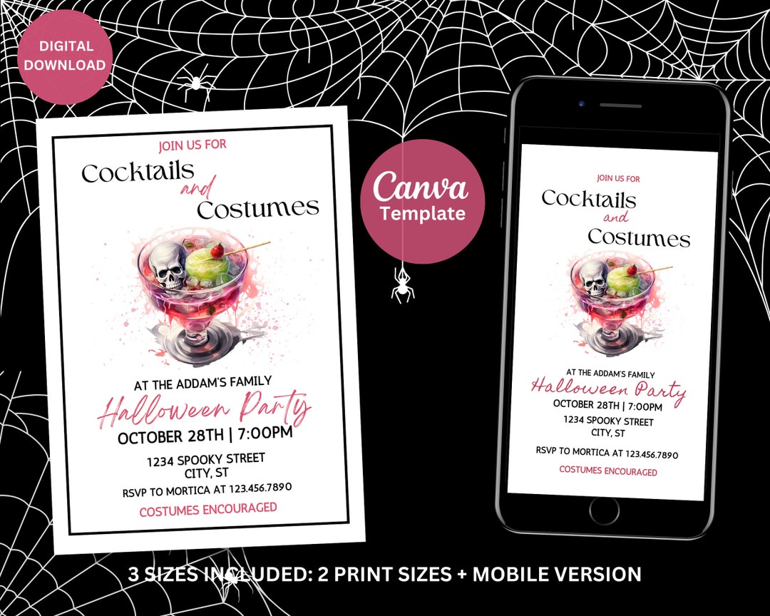 Editable Halloween Cocktail &amp; Costume Party Invitation - Etsy