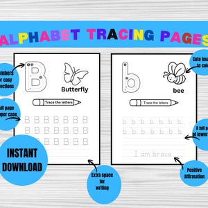 May include: Alphabet tracing pages featuring the letter B in uppercase and lowercase. Each page includes a butterfly or bee illustration, tracing guides with numbered arrows, rows of letters to trace, a pencil icon, and the text I am brave.