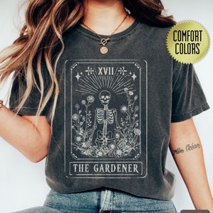 Gardener Skeleton Tarot Card Shirt, Comfort Colors Gardening Halloween Tee, Garden Lovers T-Shirt, Friend Gardening Gift, Witchy Present