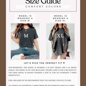 K&ouml;nnte beinhalten: Gr&ouml;&szlig;entabelle mit dem Text "Size Guide Comfort Colors". Zwei Models tragen ein T-Shirt in Gr&ouml;&szlig;e M und XL. Der Text "Let's pick the perfect fit" ist ebenfalls enthalten.