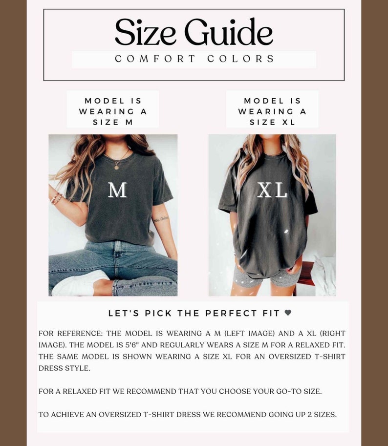 K&ouml;nnte beinhalten: Gr&ouml;&szlig;entabelle mit dem Text "Size Guide Comfort Colors". Zwei Models tragen ein T-Shirt in Gr&ouml;&szlig;e M und XL. Der Text "Let's pick the perfect fit" ist ebenfalls enthalten.