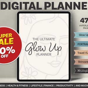 Op de afbeelding: Een digitale planner met een witte achtergrond en een lijntekening van een gezicht. De tekst "The Ultimate Glow Up Planner" is in het zwart geschreven. De planner heeft 475 gelinkte pagina's en bevat secties voor Glow Up Goals, Portrait Layout, Travel Planner, Skincare Routine en 30 Lifestyle Templates. De tekst "Wellness | Health & Fitness | Lifestyle | Finance | Productivity | And Much More" staat onderaan de afbeelding.