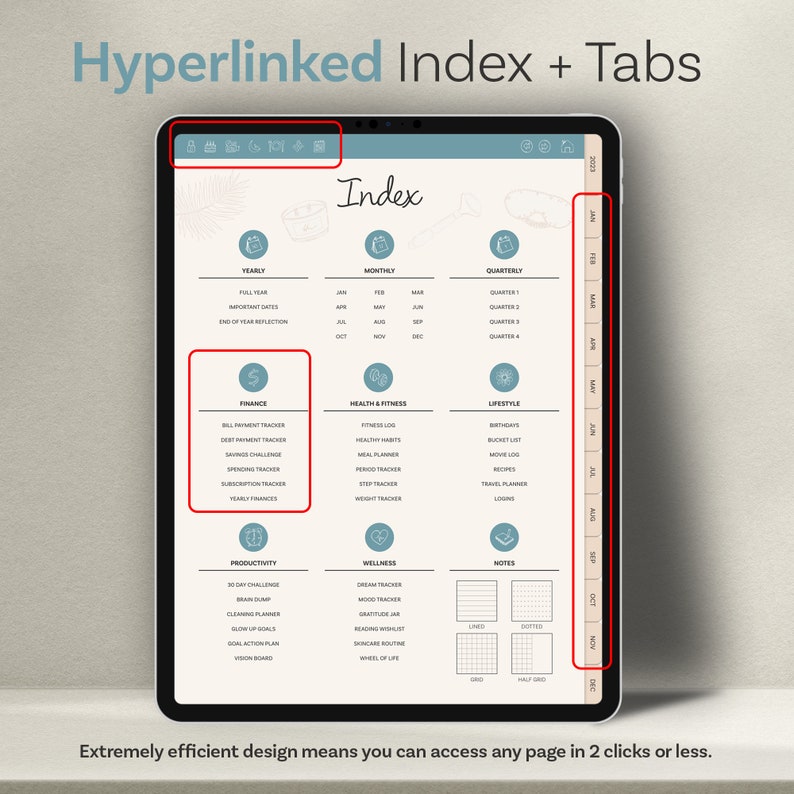 Op de afbeelding: Een digitaal tabletscherm toont een hyperlinked index met tabbladen voor verschillende categorie&euml;n, waaronder financi&euml;n, gezondheid & fitness, levensstijl, productiviteit, welzijn en notities. De index is georganiseerd in jaarlijkse, maandelijkse en driemaandelijkse secties. Het scherm toont ook een kalender met maanden en data.