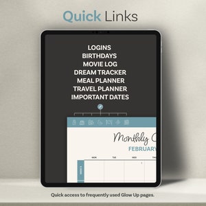 Op de afbeelding: Een tablet-scherm met een lijst van snelle links naar verschillende pagina's, waaronder "Inloggegevens", "Verjaardagen", "Filmlogboek", "Droomtracker", "Maaltijdplanner", "Reisplanner" en "Belangrijke data". Het scherm toont ook een maandelijkse kalender voor februari.