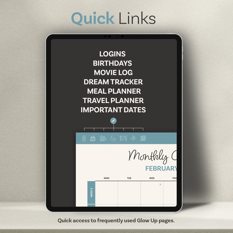 Op de afbeelding: Een tablet-scherm met een lijst van snelle links naar verschillende pagina's, waaronder "Inloggegevens", "Verjaardagen", "Filmlogboek", "Droomtracker", "Maaltijdplanner", "Reisplanner" en "Belangrijke data". Het scherm toont ook een maandelijkse kalender voor februari.