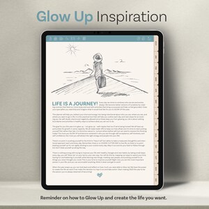 Op de afbeelding: Een digitale planner met een handgetekend ontwerp van een persoon die op een pad naar een bergketen loopt. De planner heeft de titel "Glow Up Inspiration" en bevat de tekst "Life is a Journey!" met een herinnering om "Glow Up and create the life you want."