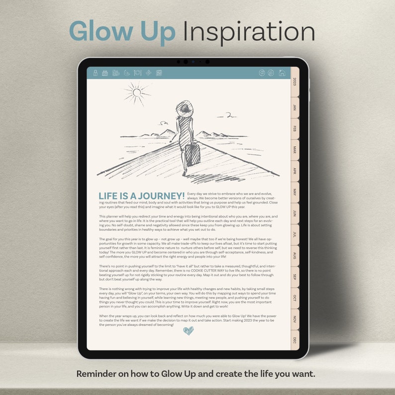 Op de afbeelding: Een digitale planner met een handgetekend ontwerp van een persoon die op een pad naar een bergketen loopt. De planner heeft de titel "Glow Up Inspiration" en bevat de tekst "Life is a Journey!" met een herinnering om "Glow Up and create the life you want."