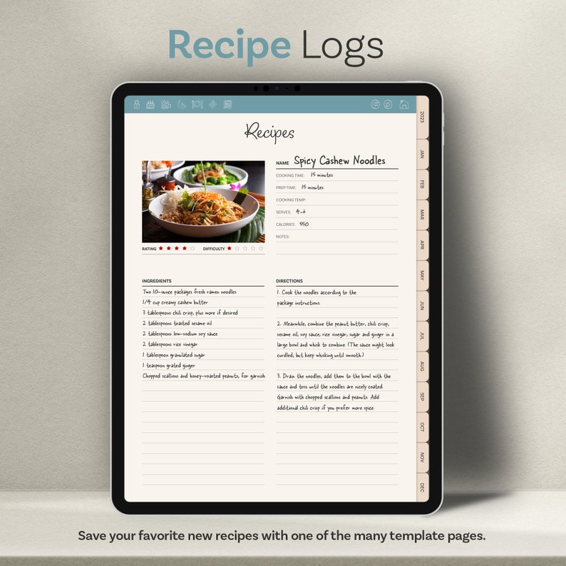 Op de afbeelding: Een digitale recepten-app met een recept voor Spicy Cashew Noodles. Het recept bevat ingredi&euml;nten zoals verse ramen-noedels, pindakaas, chili-crisp, sojasaus, rijstazijn, suiker en gember. Het recept bevat ook instructies over hoe je de noedels kookt en het gerecht samenstelt.