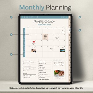Op de afbeelding: Een digitaal tabletscherm dat een maandelijkse kalender voor februari 2023 weergeeft. De kalender is verdeeld in dagen van de week en bevat evenementen zoals "Zoom-vergadering", "Lunch met Kelly", "Valentijnsdag", "Yogales" en "Avery's verjaardag". Het scherm bevat ook secties voor "Mijn focus", "To-dolijst" en "Notities, idee&euml;n & inspiratie".