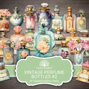 Vintage parfumflesjes, Junk Journal afdrukbare Ephemera bundel, digitale papier scrapbook leveringen, kleurrijke aquarel afbeelding, 20 stuks, PNG