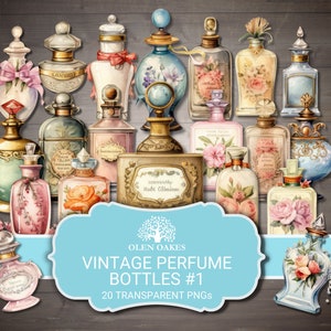 Flacons de parfum vintage, lot d'éphémères imprimables Junk Journal, fournitures de scrapbooking en papier numérique, image aquarelle colorée, 20 pièces, PNG