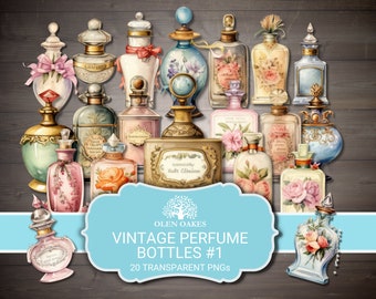 Può includere: Una collezione di 20 bottiglie di profumo vintage con disegni intricati e accenti floreali. Le bottiglie sono di varie forme e dimensioni, alcune con tappi ed etichette decorati. Le bottiglie sono disposte su uno sfondo di legno, creando un'estetica affascinante e nostalgica.  Olen Oakes Vintage Perfume Bottles #1 20 Transparent PNGs