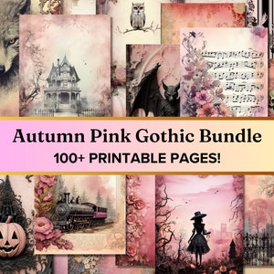 Halloween Junk Journal Digital Paper Bundle, Autumn Pink Gothic Victorian Images, Printable Ephemera, Vintage Scrapbook Supplies, Pinkoween