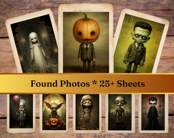 May include: A set of 8 vintage-style cards featuring spooky characters and Halloween themes. The cards are decorated with a distressed, aged look and feature images of a pumpkin-headed man, a ghost girl, a monster, a goblin, a mummy, a robot, a vampire, and a creature with bat wings. The cards are labeled "Found Photos * 25+ Sheets".