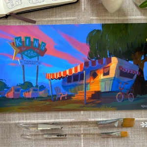 May include: An acrylic painting of a vintage trailer park scene under a sunset. The sign reads "King of the Road Trailer Homes." A red and white striped awning shades the trailer. A bicycle is parked nearby. Paintbrushes are in the foreground.