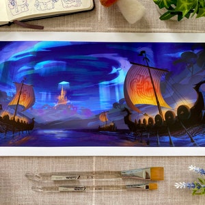 May include: A digital illustration depicting a fantasy scene with three Viking longships sailing towards a distant castle. The sky is a vibrant blue with swirling clouds and streaks of light. The ships are detailed with shields and oars, and the castle is illuminated by a bright light.