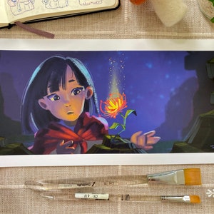 May include: A young girl with dark hair and a red scarf looks at a glowing orange flower with a starry background. The image is a digital painting.